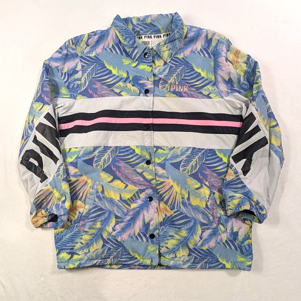 PINK Victoria Secret Tropical Floral Sherpa Lined Coaches Jacket Medium - Picture 1 of 8